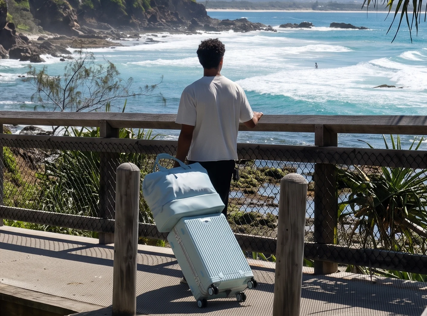 A traveller with a mint NOBL suitcase and weekender looking out over a coastal bay