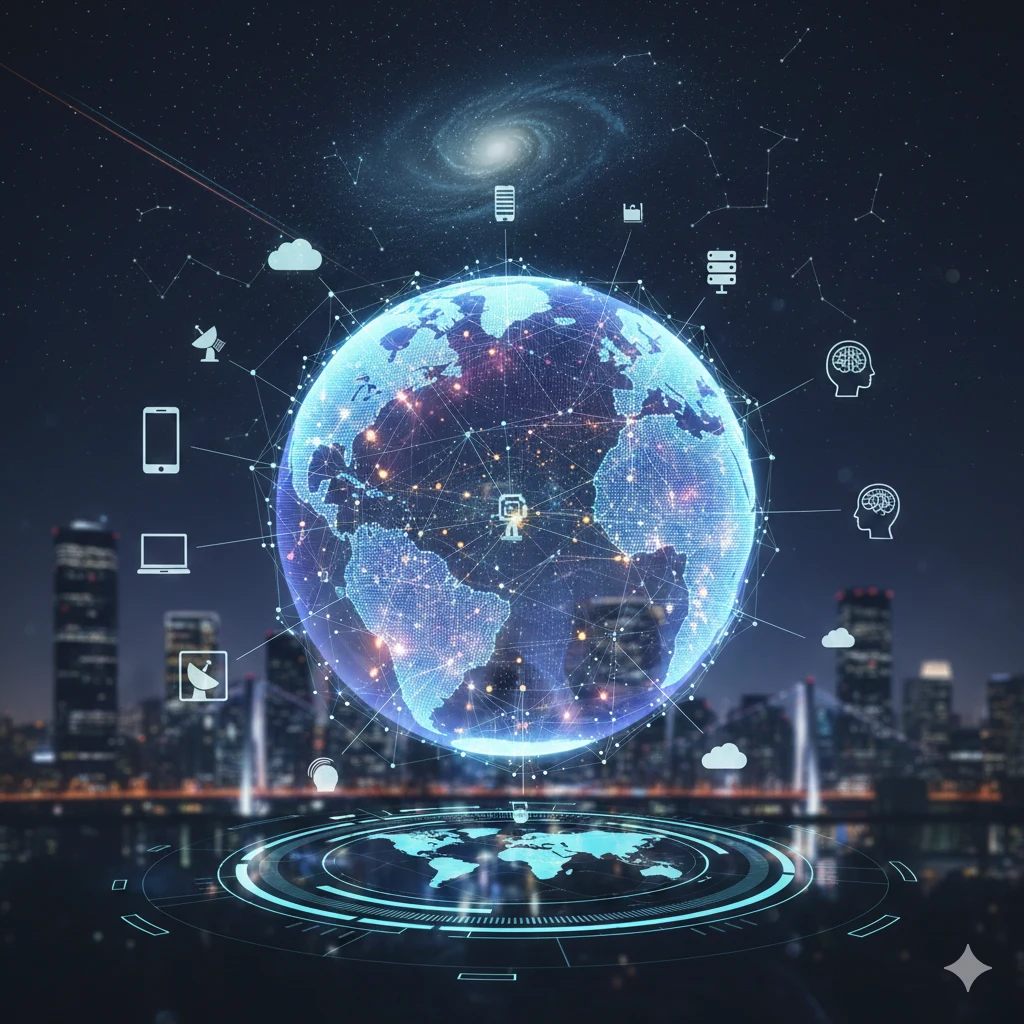 Illustration of a glowing digital globe connected by network lines